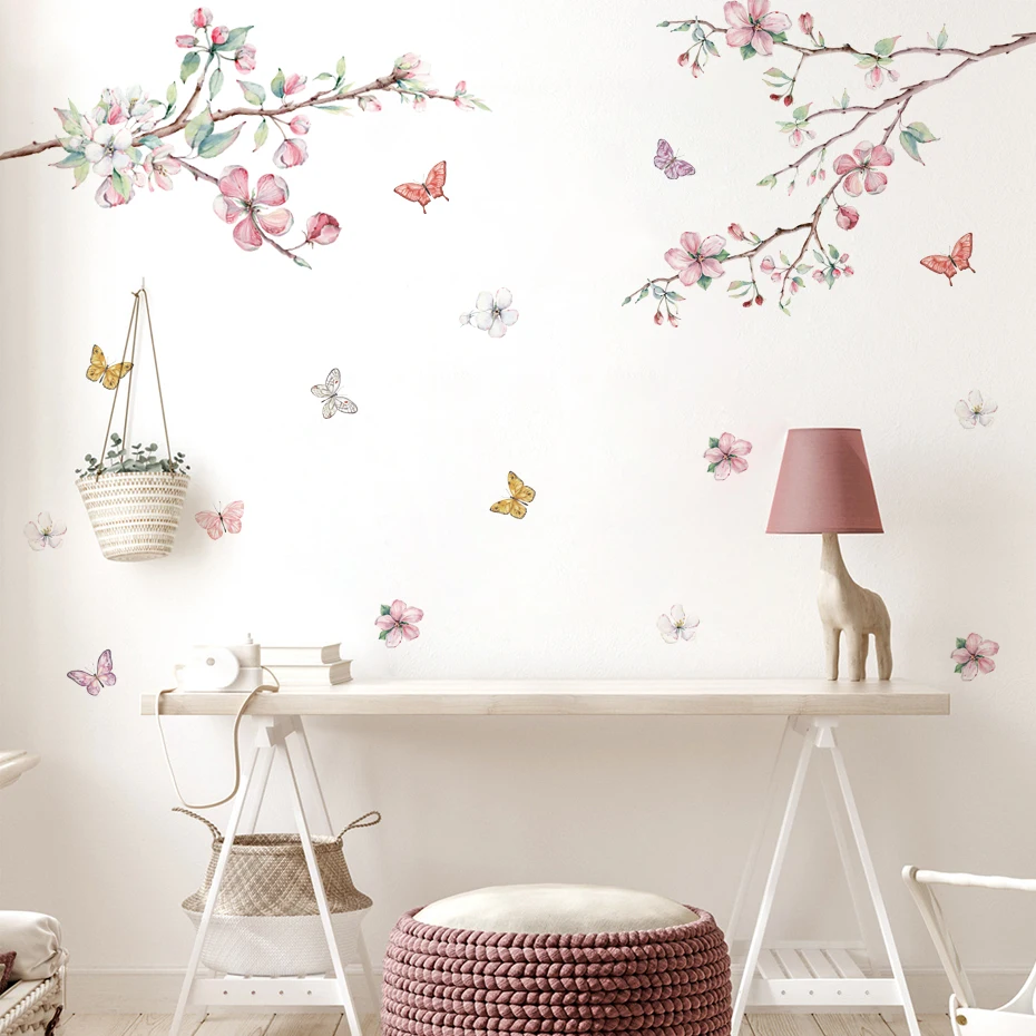 Rosa Blühende Blumen, Baumzweig, Schmetterling, Blumen-Aquarell Wandaufkleber für Kinderzimmer, Schlafzimmer, Wohnzimmer, Wandtattoos, Wandbilder
