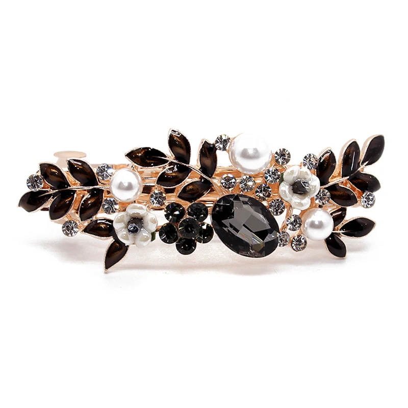 Elegante lila schwarze Kristall Blatt Blume Haarspange Luxus Perle Strass Clip für Frauen Mädchen Haarschmuck