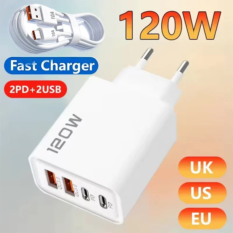 120W 4-Port-Wandladegerät USB-C Quick Charge Typ-C USB-Handy-Ladegeräte Schnellladegerät für Samsung Xiaomi Huawei iPhone Image