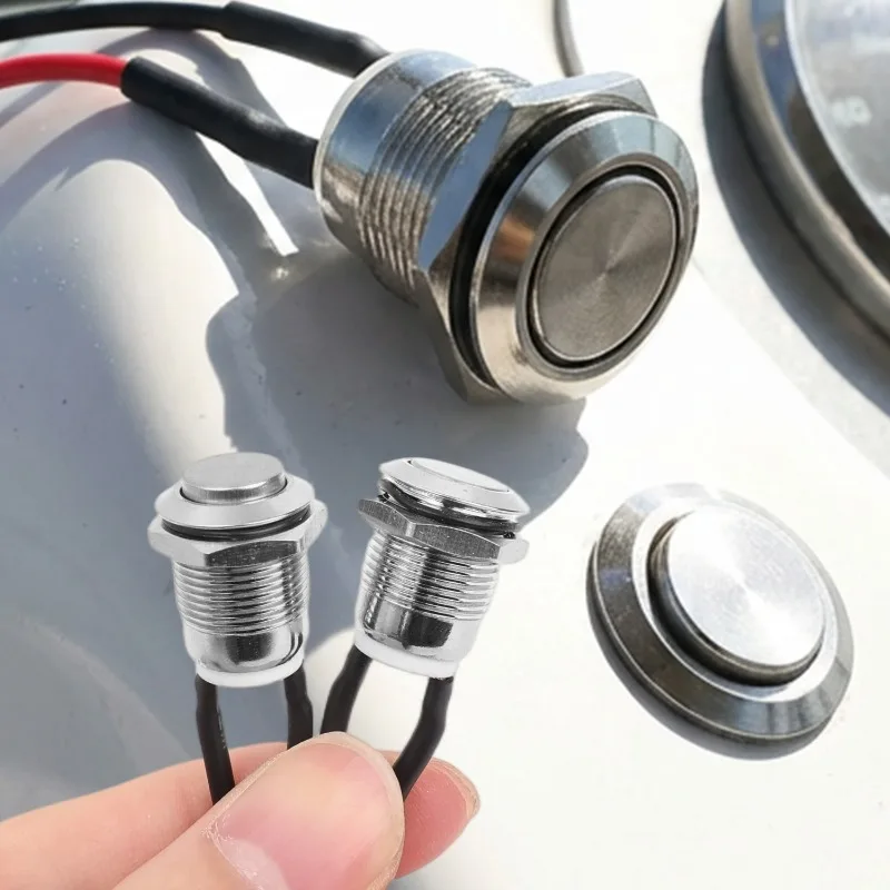 12 mm Momentan-Drucktastenschalter, 12 V, wasserdicht, Netzdrucktaster, klein, rund, verchromt, rostfrei, Metall, 2-polig, N/O-Schalterkabel Image