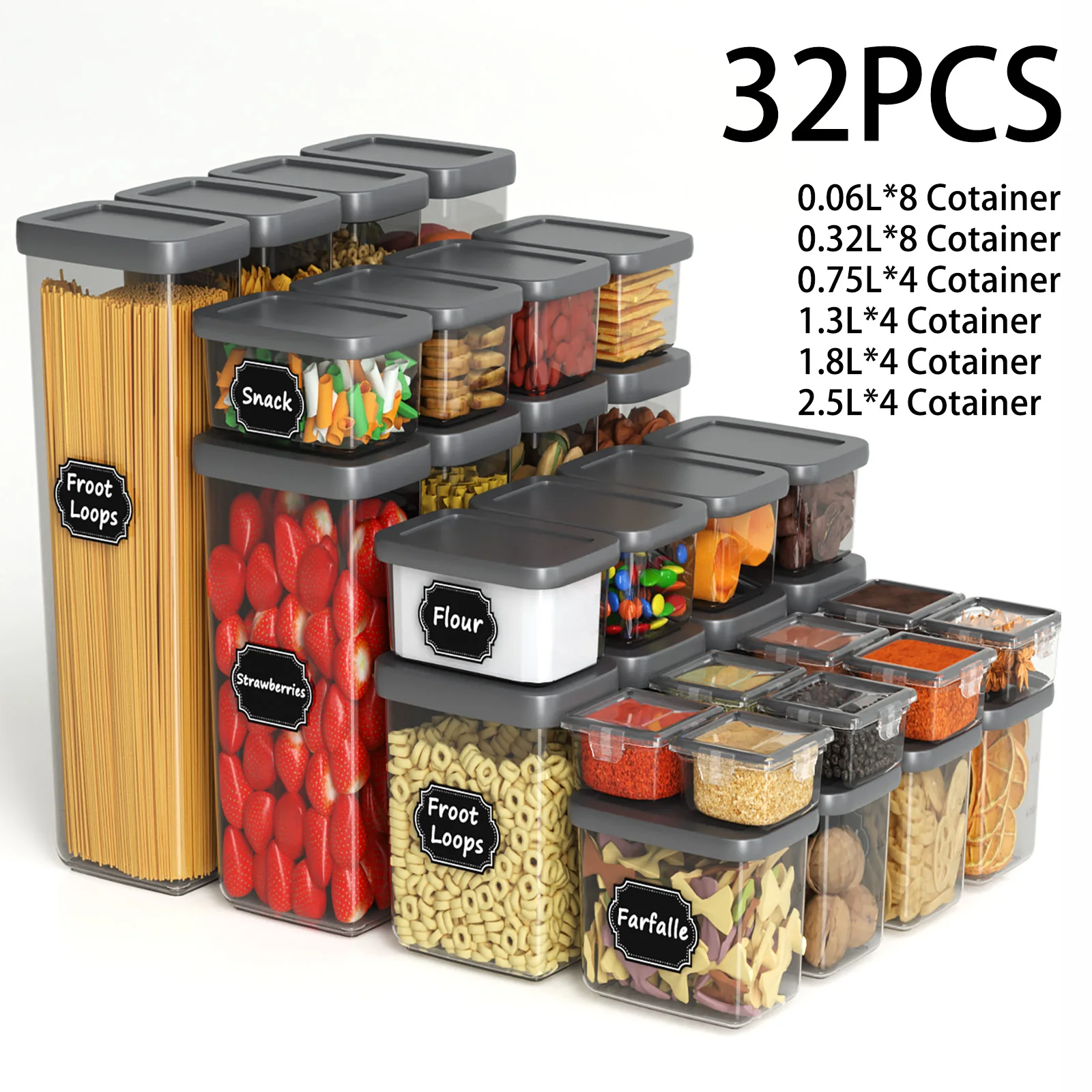 32-Piece Airtight Storage Jars with Lids, BPA-Free Containers for Cereals & Grains, Kitchen Organizer Boxes