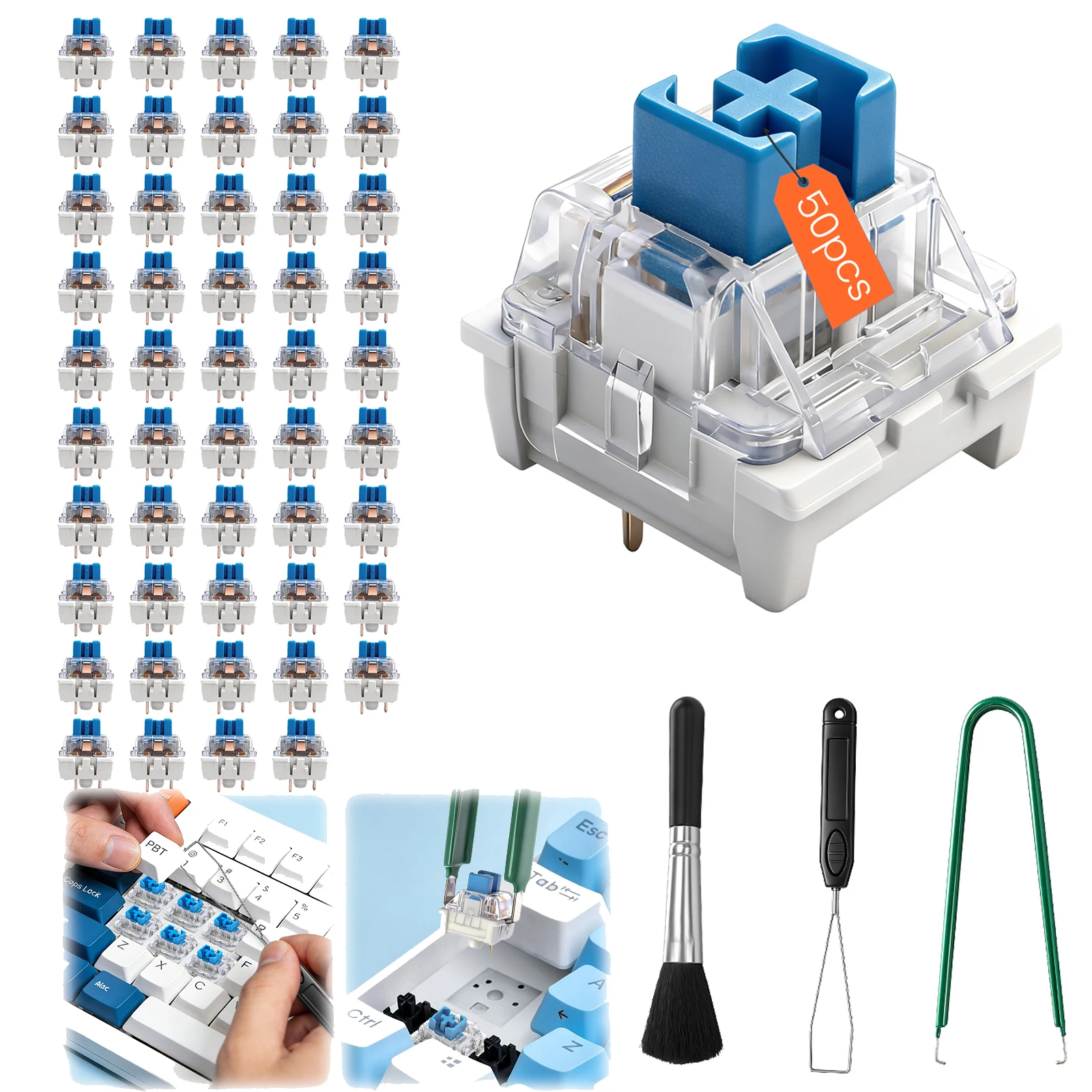 50 Stück Clicky mechanische Tastaturschalter, 3-Pin-Halterung mit Bürsten-Tastenkappenabzieher und Tastenabzieher, Tastenschalter, Tastenkappen-Ersatz Image