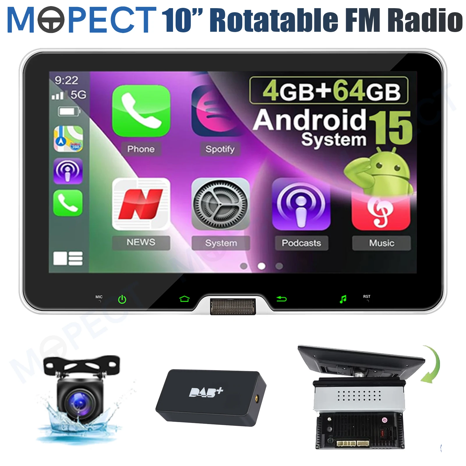 MOPECT Autoradio Android 15 da 10.1 Pollici, 4+64G, Carplay Wireless, Visione a 360° ° Schermo Touch Rotante con GPS, Navigatore, FM, RDS, Bluetooth, SWC+DAB&AHD