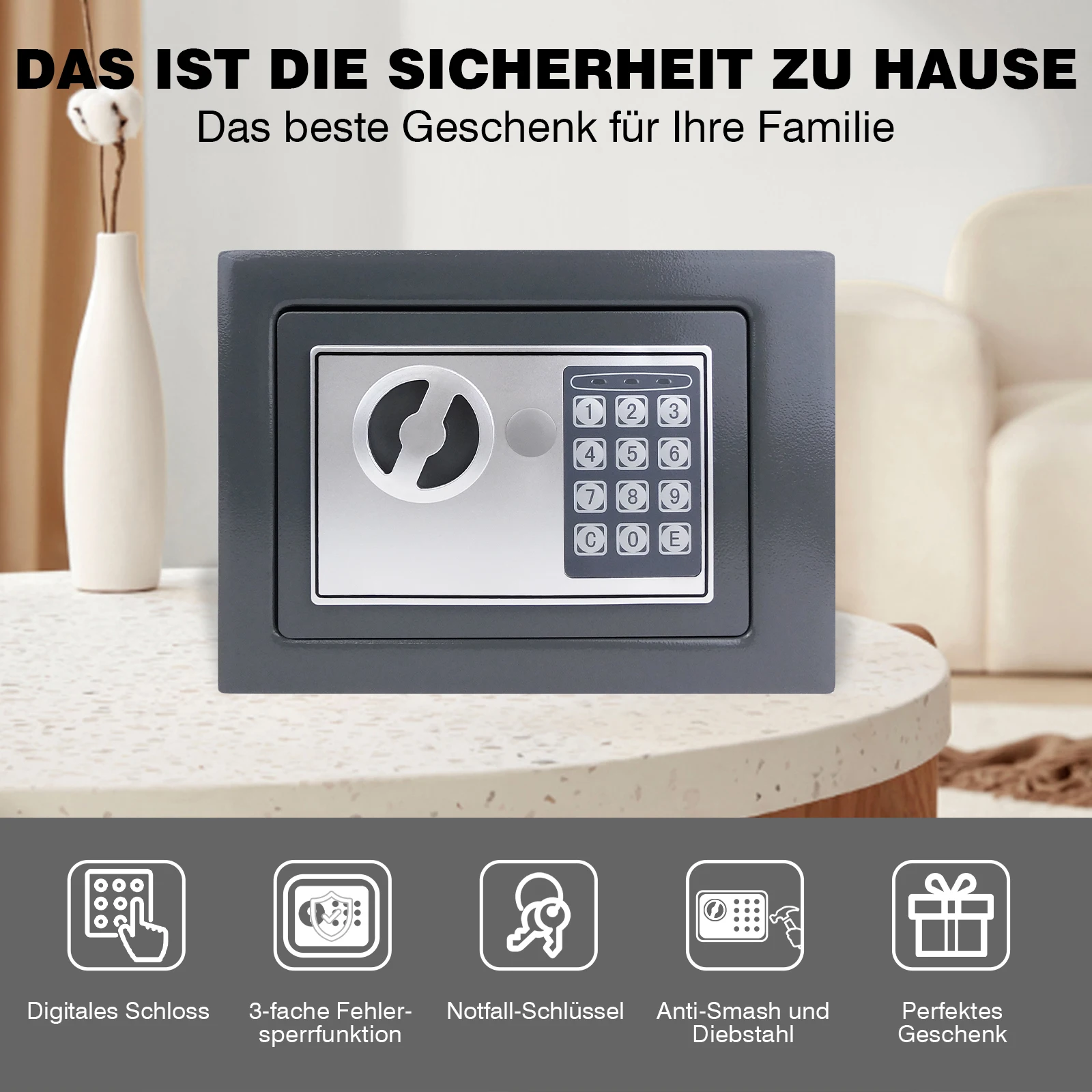 23x17x17cm Mini-Sicherheitstresor mit Code und Schlüssel, sichere Geldkassette, Wandtresore, Schranktresore, digitale Tresore, 4,6L Grau