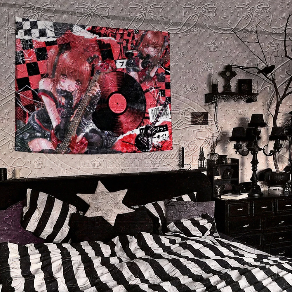 Gothic Rock Anime Girl Wandteppich, Rot-Schwarz Punk Rock Schachbrettmuster Wandbehang, Punk Musik Heimdekoration, Großer Stoff-Wandteppich für Bett