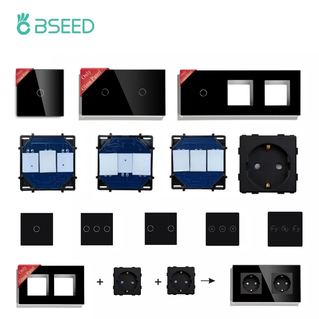 BSEED Wandleuchte, Touch-Schalter, 1/2/3 Gang, 1/2 Wege, LED-Dimmer, Funktionsteile, Glasscheiben, Rahmen, EU 16 A, Steckdosen, nur DIY-Teile