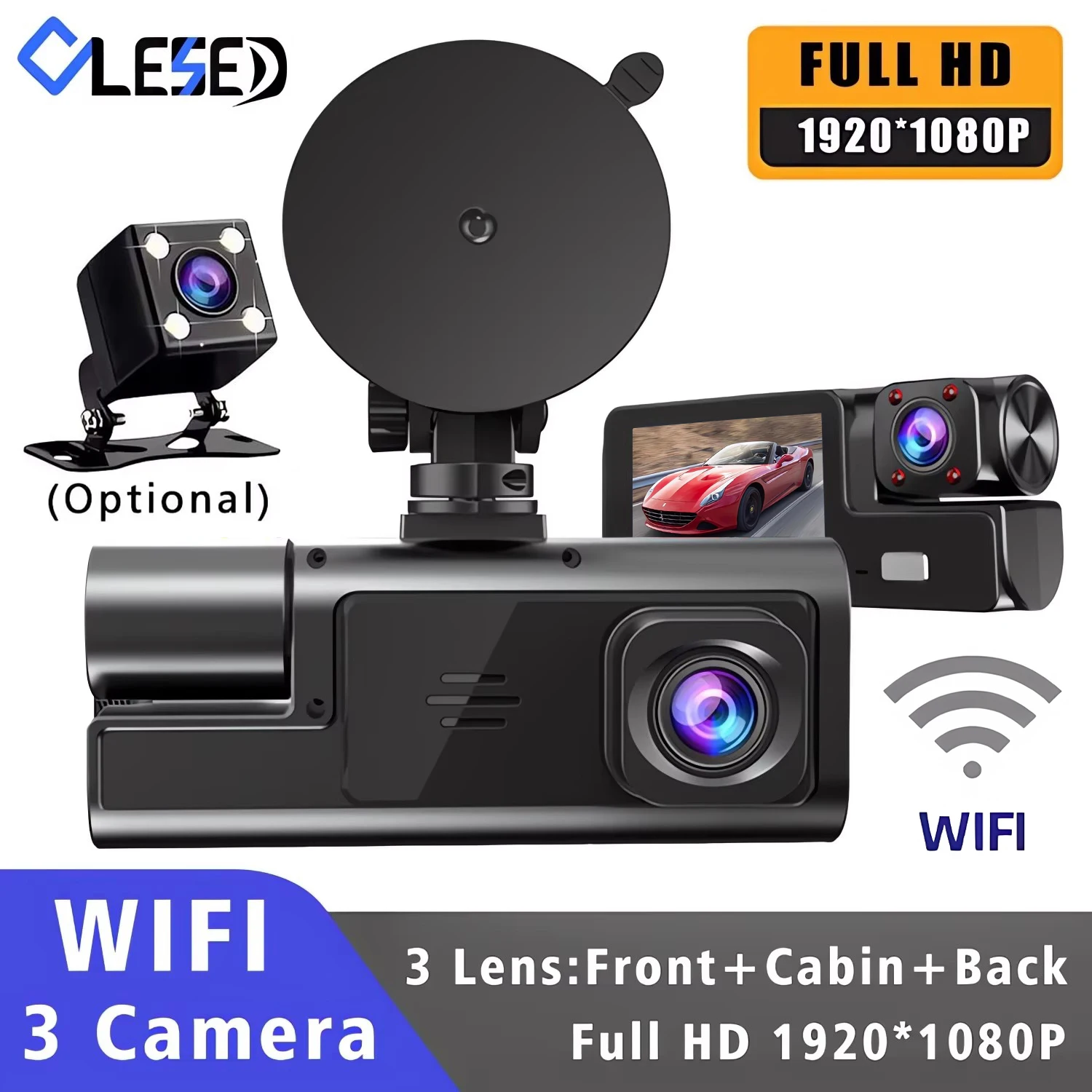 WLAN-Autokamera mit 3 Kameras, FHD 1080P Videorekorder, 3-Kanal-Vorder- und Rückansicht, Nachtsicht, Blackbox-DVR für Fahrzeugsicherheit Image