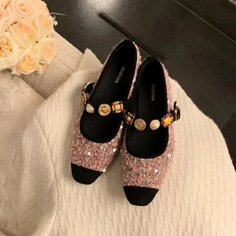 Casual Weibliche Turnschuhe Karree Schwarz Wohnungen Damen Schuhe Frauen 2025, Bequeme Neue Kleid Runde Sommer Flock
