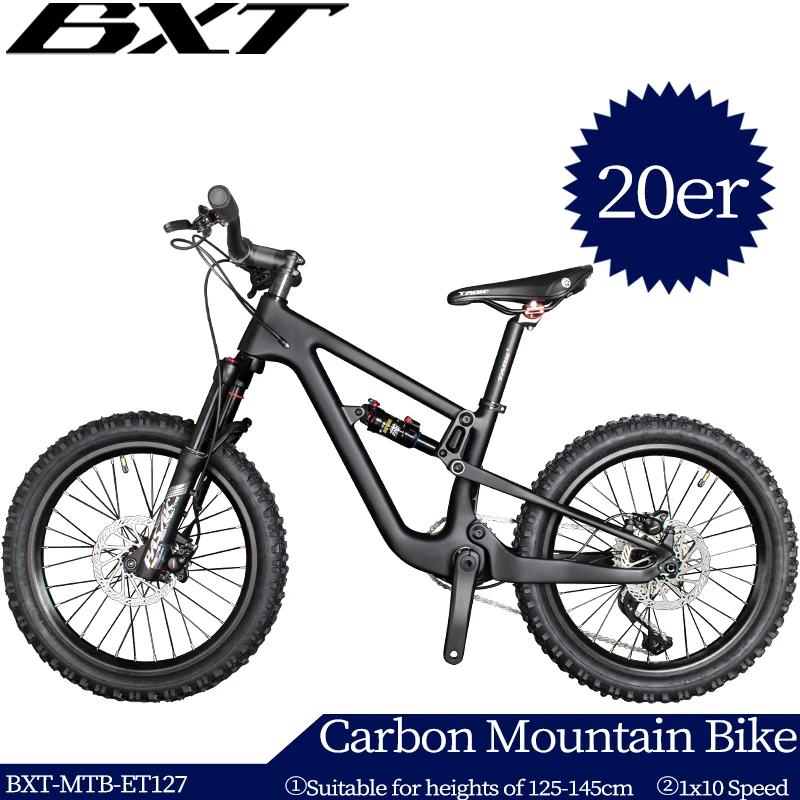 BXT 20er Carbon-Mountainbike mit Federung, 80 mm Federweg, Carbon-Vollfederungs-MTB-Rahmen, 20 Zoll, Größe 125-145 cm, MTB-Kinderfahrrad
