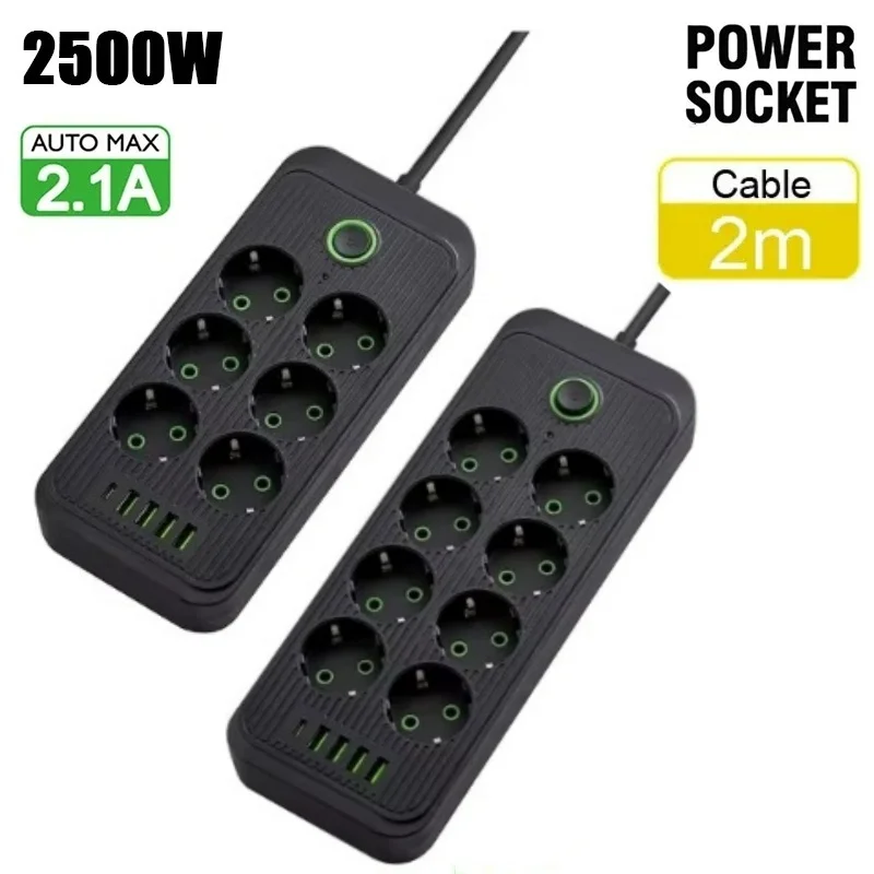 Universelle 2500W Steckdosenleiste mit 2M Verlängerungskabel 6/8 EU-Steckplätze 4 USB Typ-C Anschlüsse AC-Steckdose Sicherer Ladeadapter Image