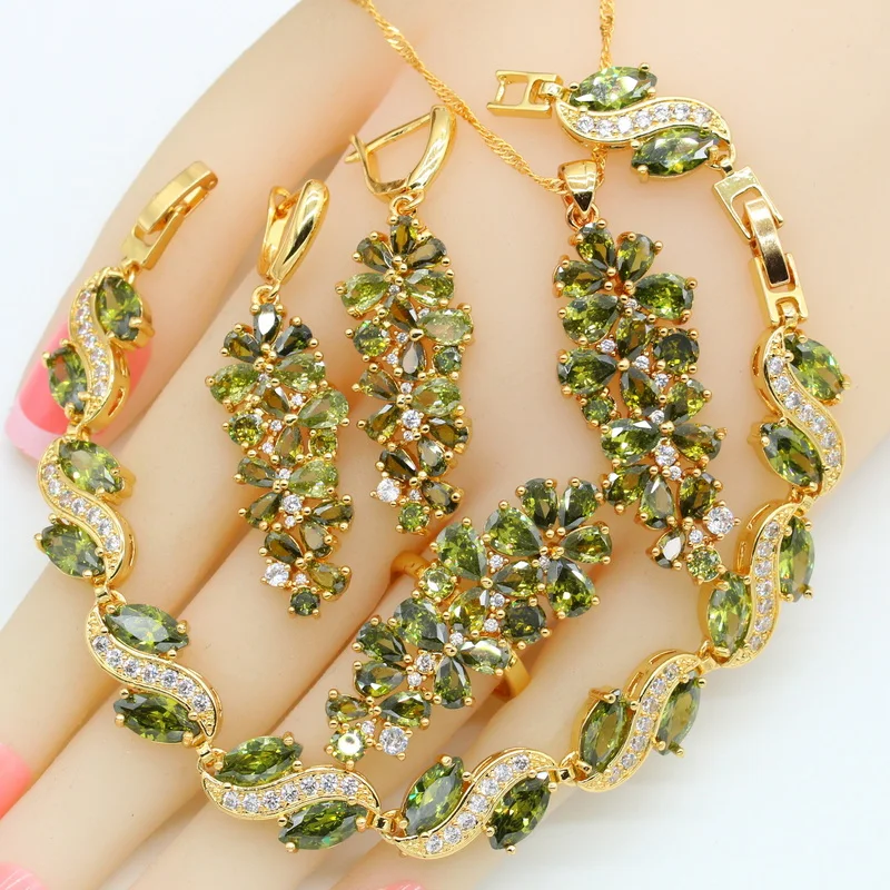 Luxus grün Peridot vergoldet Schmuck Sets für Frauen Ohrringe Halskette Anhänger Ring Armband Geburtstags geschenk Image
