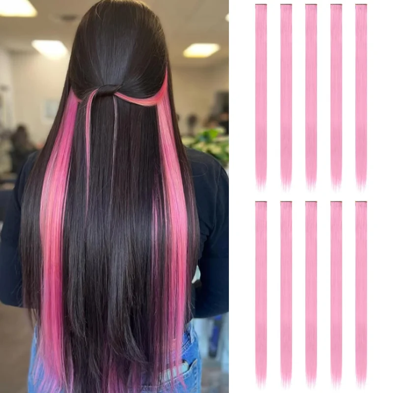 10 Stück synthetische rosa Haarverlängerungen, 55,9 cm, glattes, farbiges Haar, bunter Clip, Highlight-Party für Kinder und Frauen, Geschenk Image
