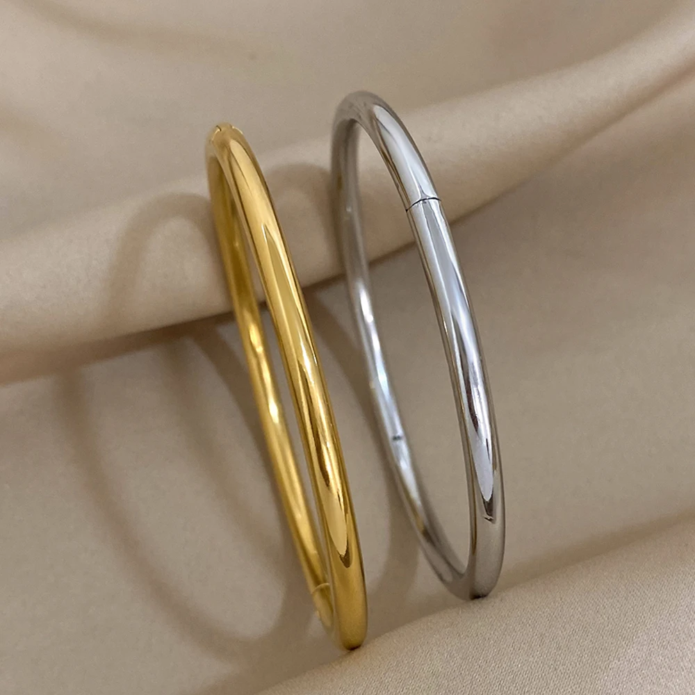 AENSOA 316L Edelstahl, wasserdicht, poliert, schmales Manschettenarmband, Armreifen für Damen, glatt vergoldet, zu öffnende, dünne Armbänder Image