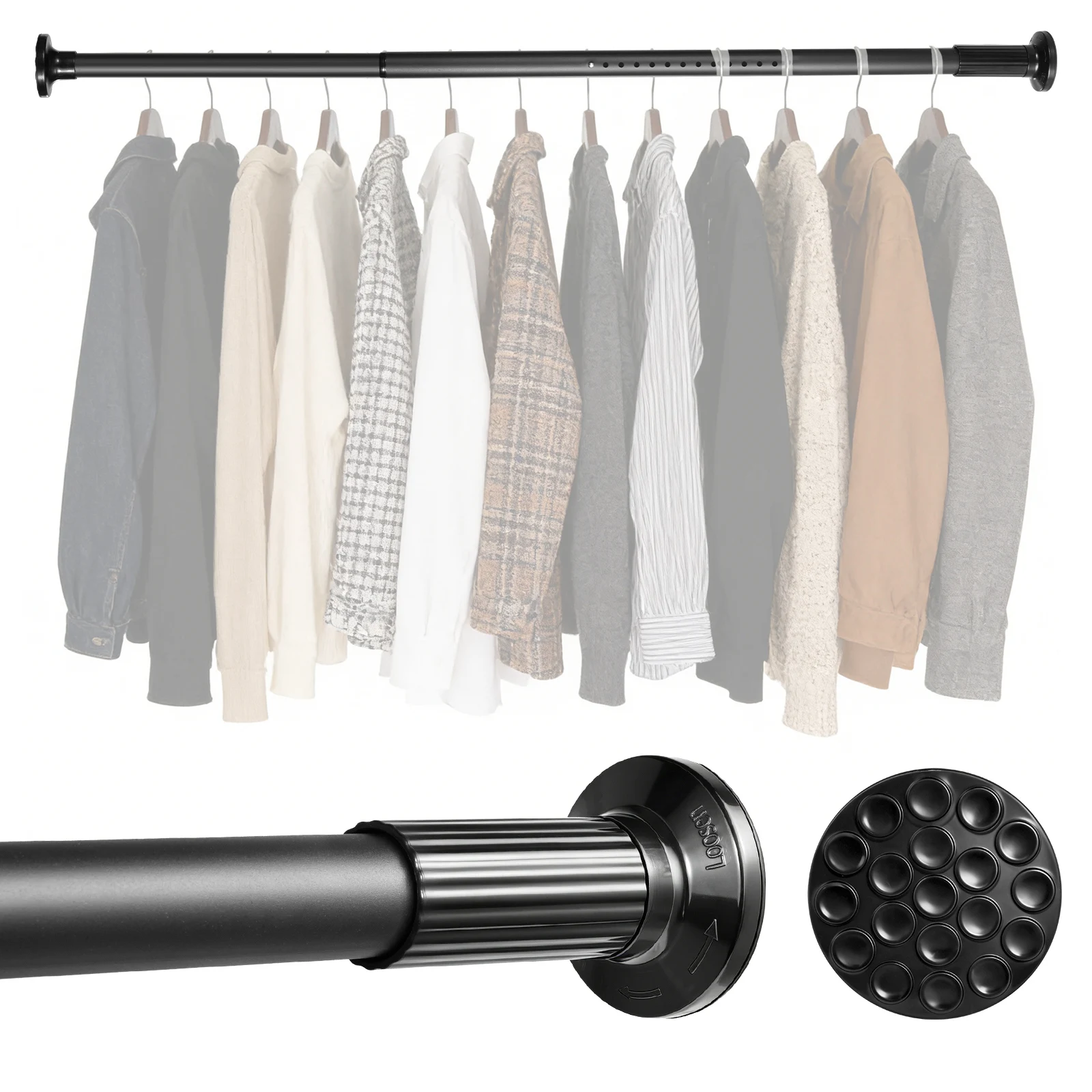 1,1 bis 1,7 m schwarze Kleiderstange, verstellbare Metall-Kleiderstange, robuste Kleiderstange für Kleiderschränke, Badezimmer, Fenster