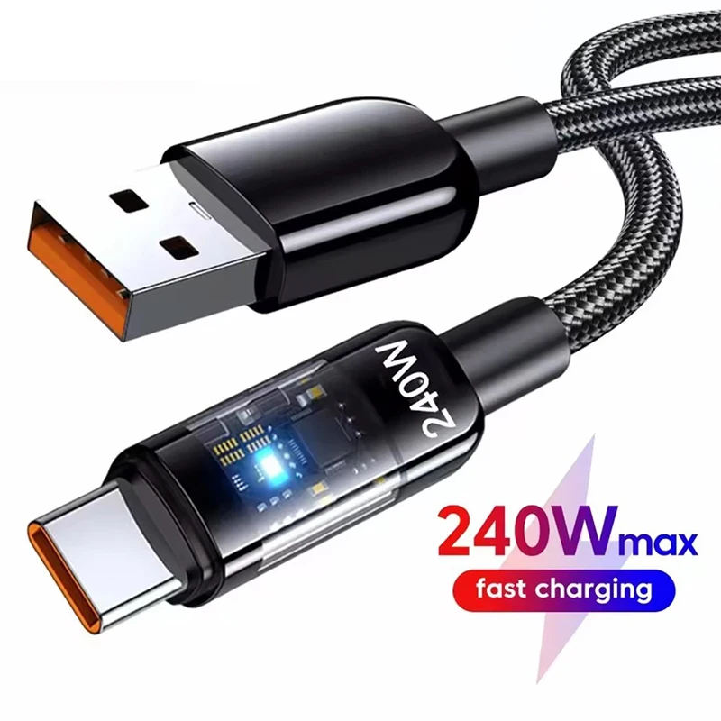 USB-C Schnellladekabel 240W Nylon-Ummanteltes Transparentes Typ-C Hochgeschwindigkeits-Ladekabel für Samsung Huawei Mi Datenkabel Image