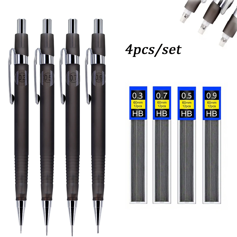 4 Stück/Set 0,3/0,5/0,7/0,9 mm neuer automatischer Bleistift mit integriertem Radiergummi, 3 Schachteln mit austauschbarer Mine, für Schulschreibbedarf Image