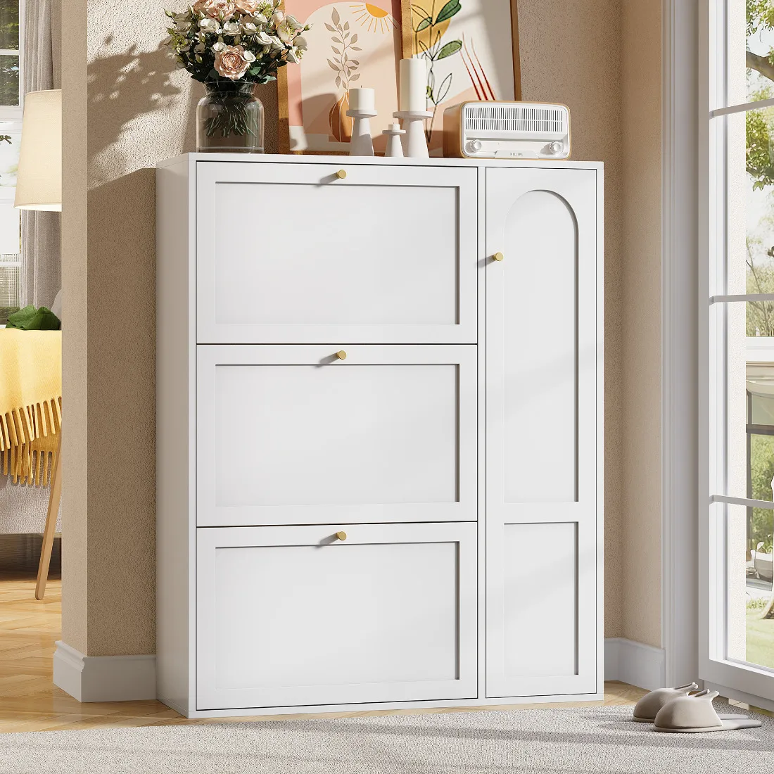 Flur-Schuhschrank mit 3 Kippflügeln & 1 Tür, verstellbare Trennwände, Schuh-Organizer für den Eingangsbereich, Weiß, 90x25x114cm
