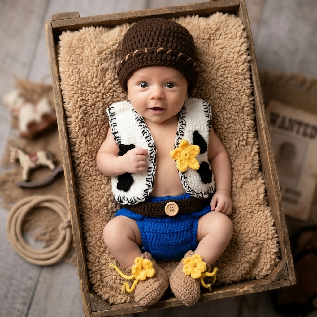 4-teiliges Set Weiche Handgestrickte Neugeborenen-Fotografie-Requisiten im Farmstil Niedliches Rustikales Kostüm Baby-Fotoshooting-Zubehör Image