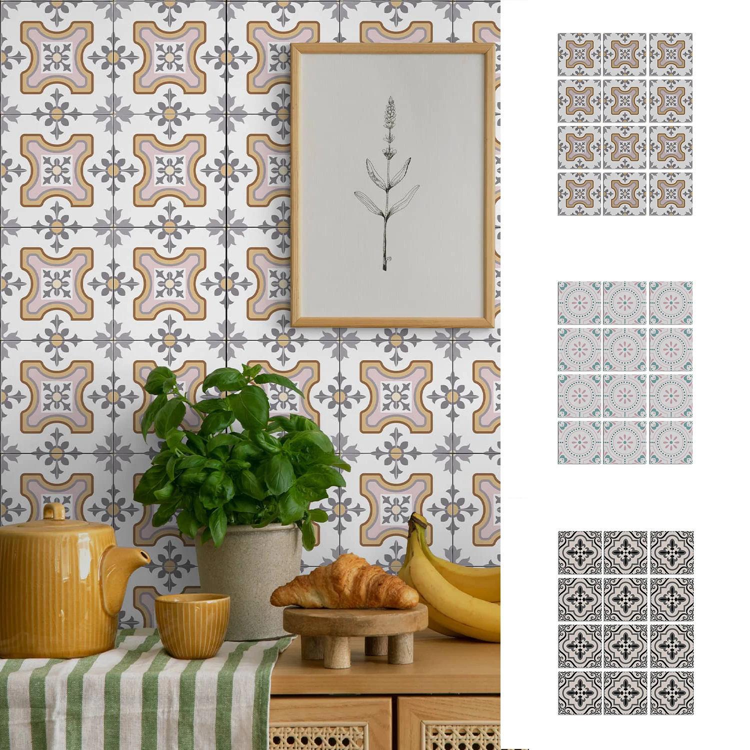 Abzieh- und Aufkleb-Fliesensticker 15cm Wasserdichte Selbstklebende Wandtattoos Retro Blumenmuster für Küche Bad Küchenrückwand