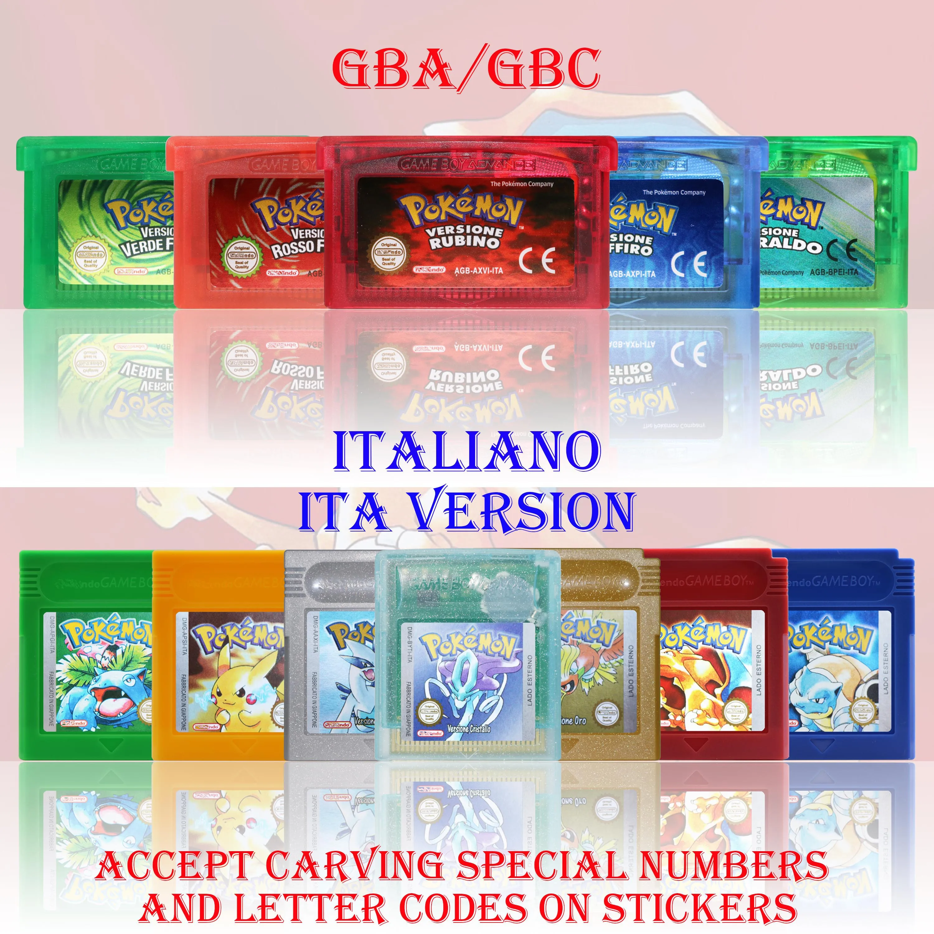 GBA/GBC ITA Version Pokemon Rubino/Zaffiro/Smeraldo/Cristallo/Verde Game Cartridge Video Game Card High Quality with Battery