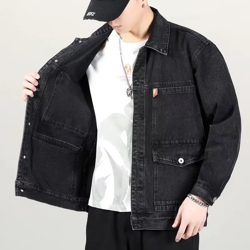 Giacca di jeans primaverile e autunnale Giacca da lavoro ampia da uomo Giacca di jeans versatile retrò taglie forti Giacca alla moda da uomo M-4XL