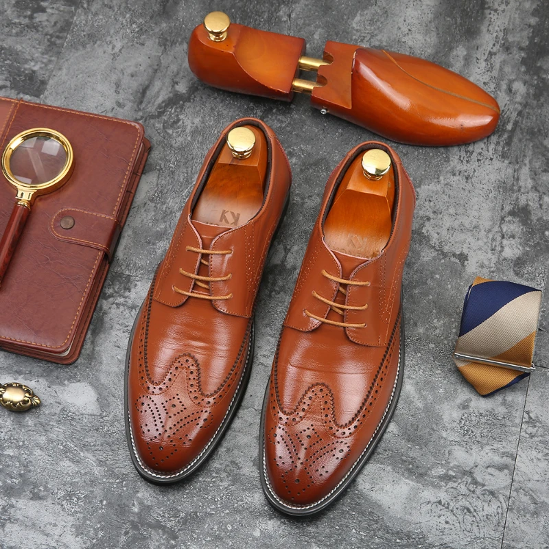 Braune Brogue-Schuhe aus echtem Leder zum Schnüren, formelle Oxfords für Hochzeit, Business, Büro, bequeme Mode, Freizeitschuhe Image