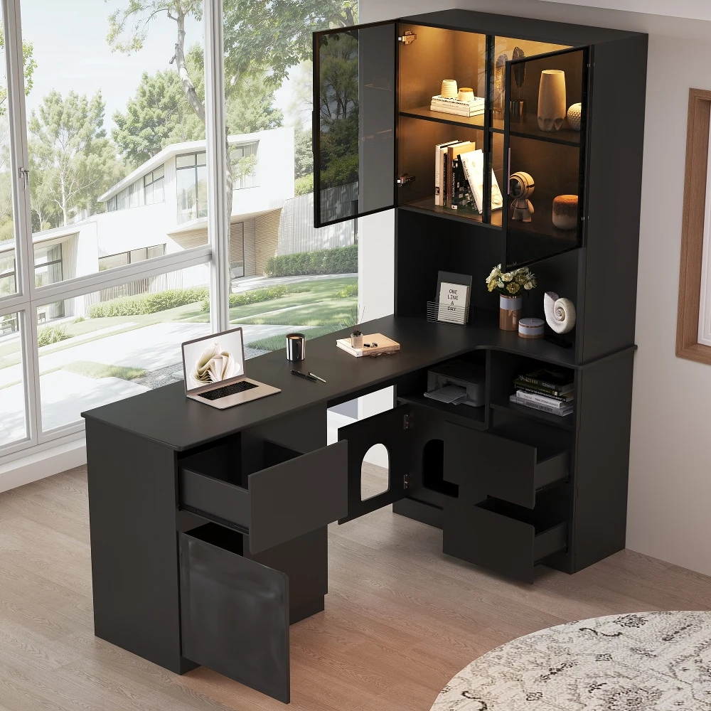 Eckschreibtisch mit Regal und LED-Vitrine, Schreibtisch mit Kabelausgang, 3 Schubladen, 2 Türen, offene Fächer, integriertes Bücherregal Image