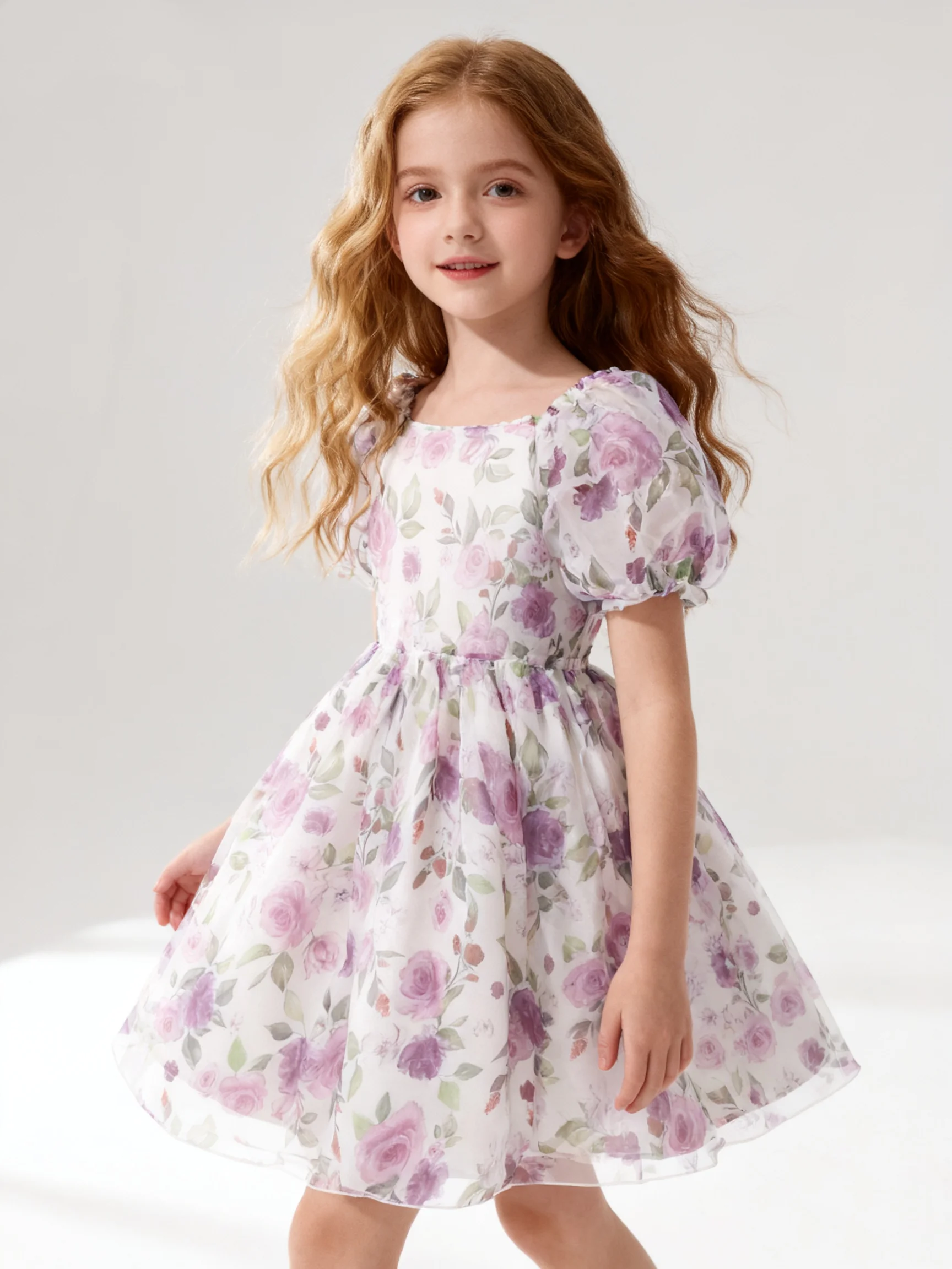 Süßes Sommermädchenkleid mit quadratischem Ausschnitt und Blasenärmeln, Blumendruck, Prinzessinnenkleid, schlankmachendes und damenhaftes Kleid Image