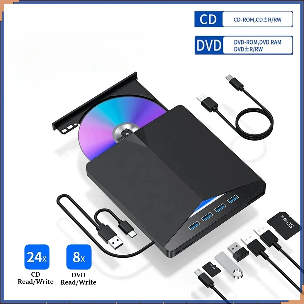 7-in-1 Multifunktions-DVD-Player Hochgeschwindigkeits-Datenübertragung Optisches Laufwerk USB 3.0 Typ-C Externes Tragbares CD/DVD-Lesegerät Image