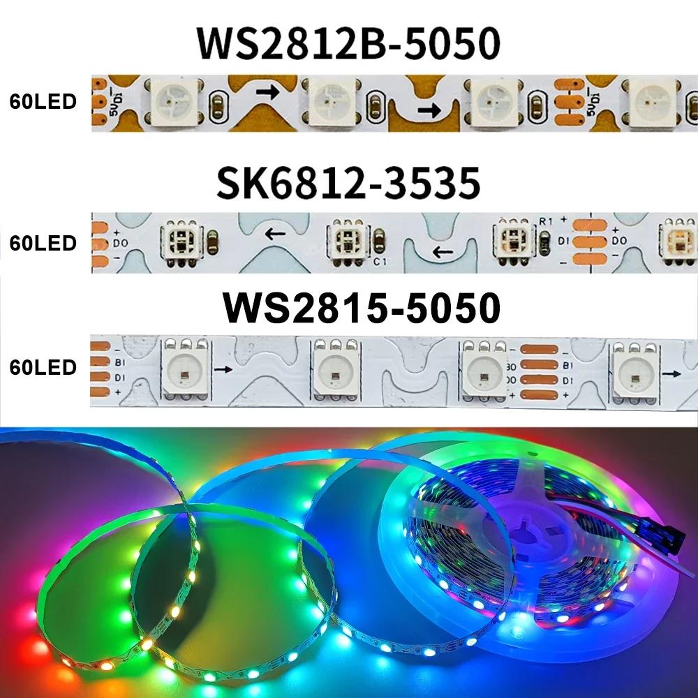 Flexibler LED-Lichtstreifen 0,5m-5m WS2812 SK6812 WS2815 S-Form RGB 5050 3535 Smart IC Individuell adressierbares 60 Pixel/m Band Image