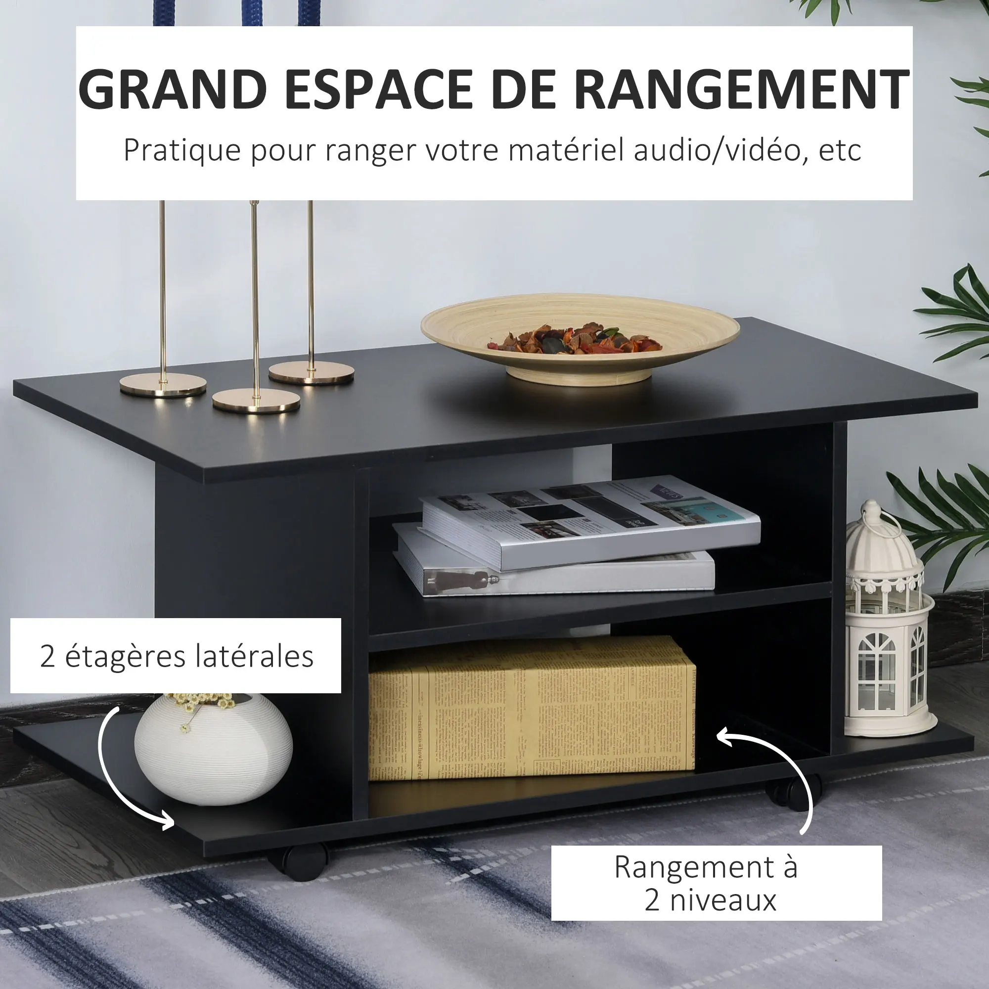 HOMCOM Moderner TV-Schrank mit Ablageflächen, Tisch, mobiles Zimmermöbel, Büchertasche, Bücherregal, Schwarz Image