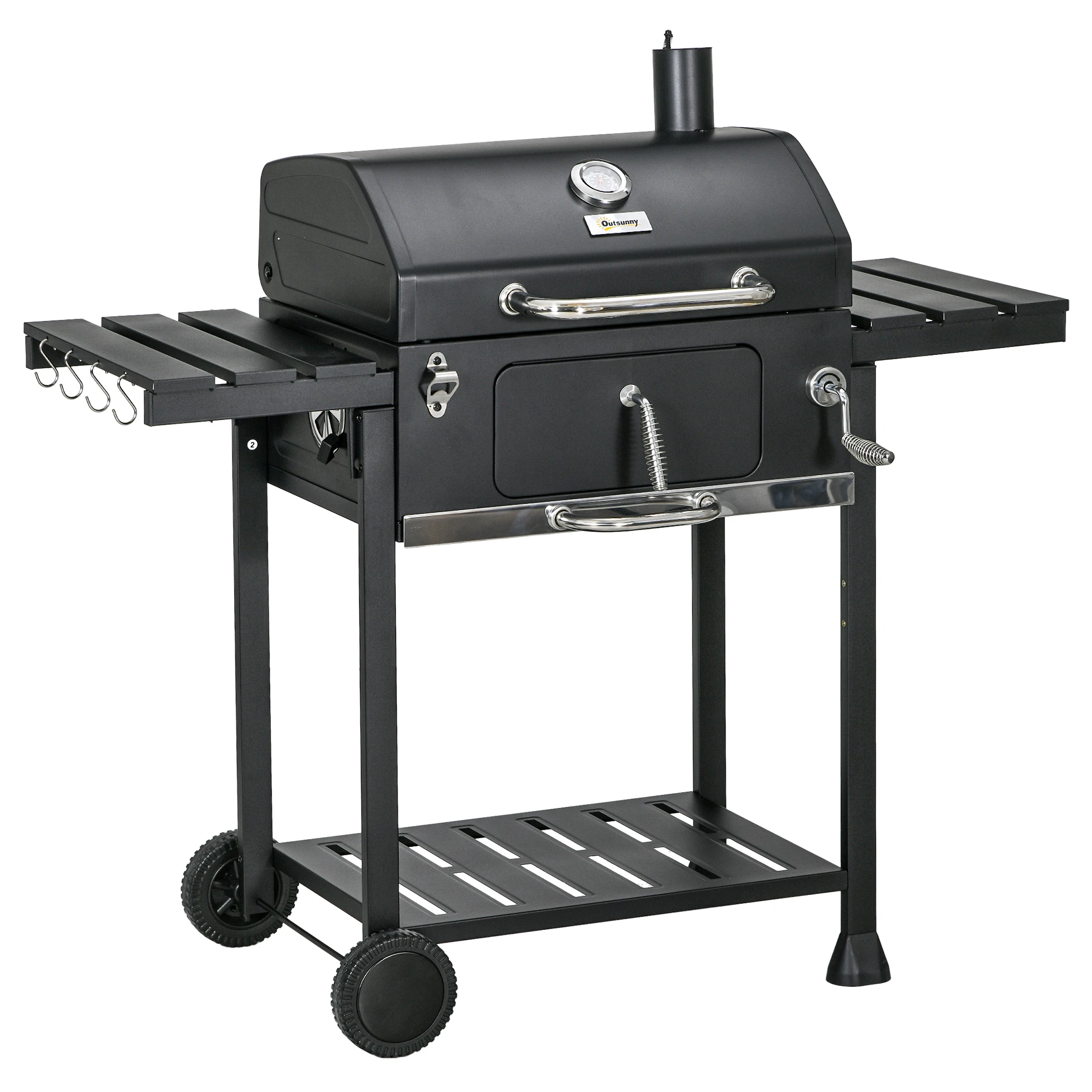 Holzkohle-Campinggrill mit zwei Grillrosten, klappbaren Seitenablagen, Ablagewagen, Edelstahl. Image
