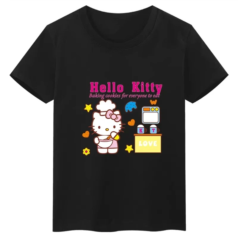 Sanrio Hello Kitty Cartoon-T-Shirt mit niedlichem Muster, bedruckt, für Kinder, Rundhalsausschnitt, reine Baumwolle, lässiges Oberteil für Eltern und Kinder, kurze Ärmel