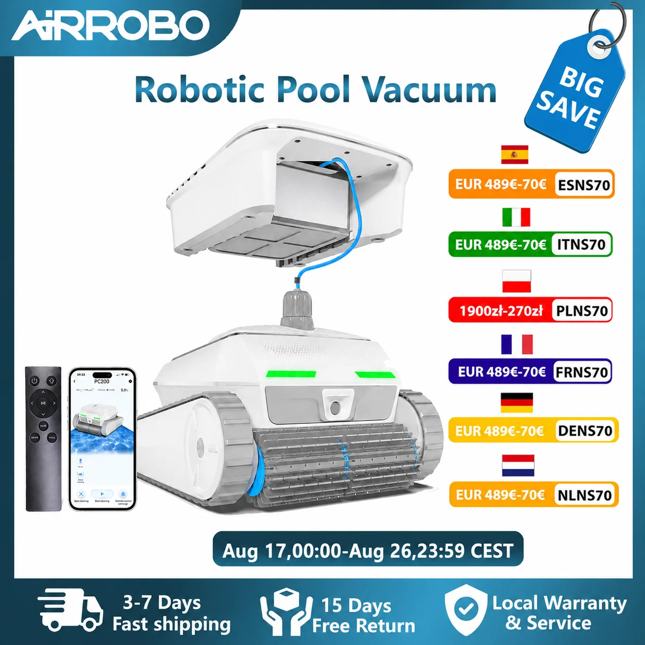 AIRROBO PC200 Nettoyeur de piscine robotisé intelligent NaviClean Tech, aspirateur de piscine autoportant avec filtre 4L et retour automatique pour piscines