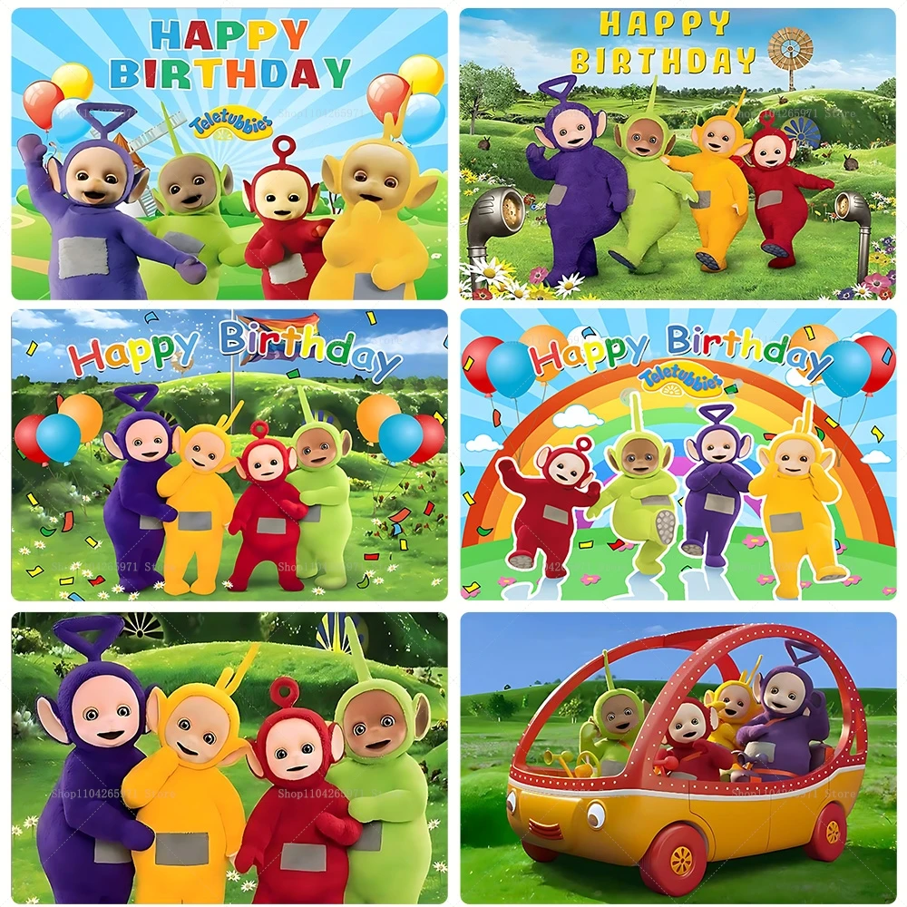 Cartoon Teletubbies Happy Birthday Hintergrundbanner Niedliches Cartoon-Baby-Thema Kinder Jungen Mädchen Party Deko Foto Hintergrund Zubehör Image