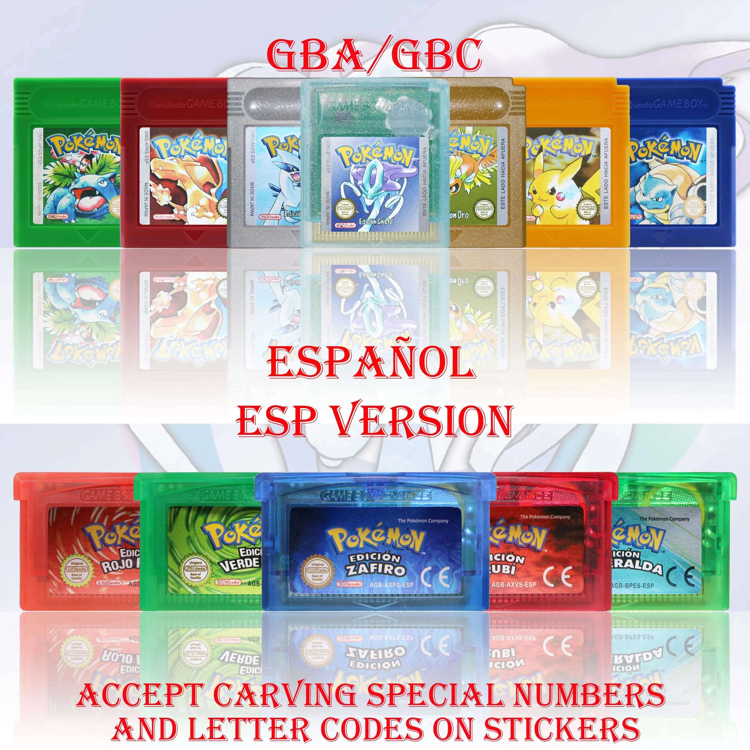 GBA/GBC ESP Version Pokemon Esmeralda/Rojo Fuego/Plata/Cristal Game Cartridge Video Game Console Card High Quality with Battery