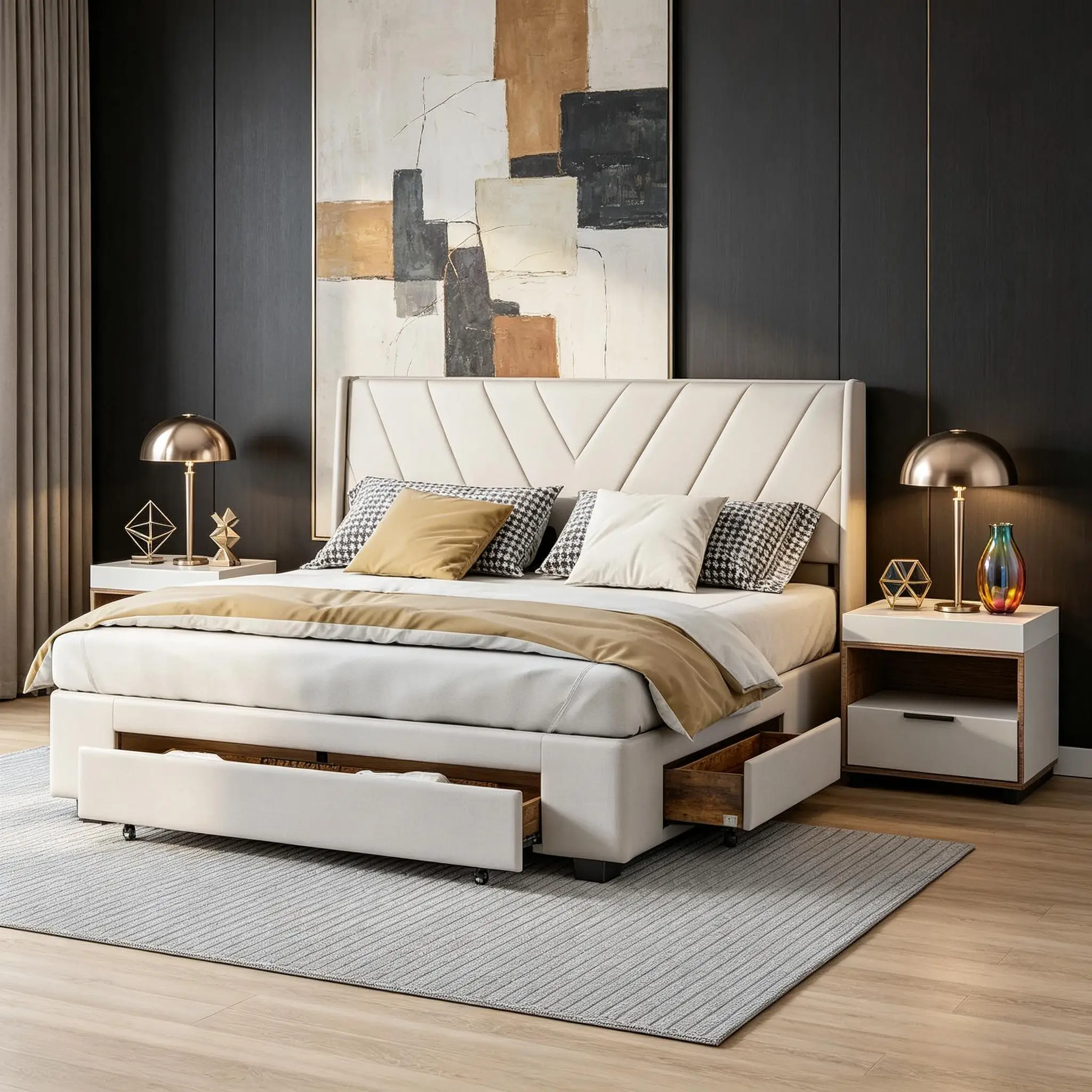 MGMYM Doppelbett mit 3 Schubladen 140/160x200 cm, gestreiftes Kopfteil, Lattenrost, skandinavisch, Bett, Leinen, Beige