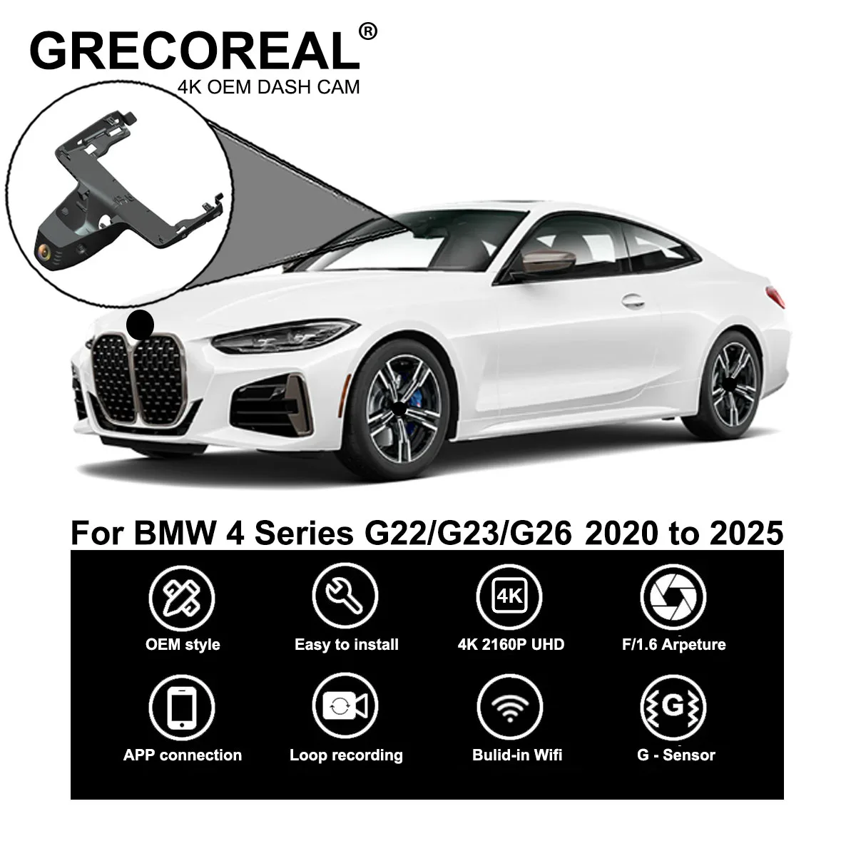 GRECOREAL 4K Dash Cam vorne und hinten 2160P WiFi Auto Dual Dashcam APP Control Plug Play kompatibel mit BMW 4er G22 G23 G26 Image