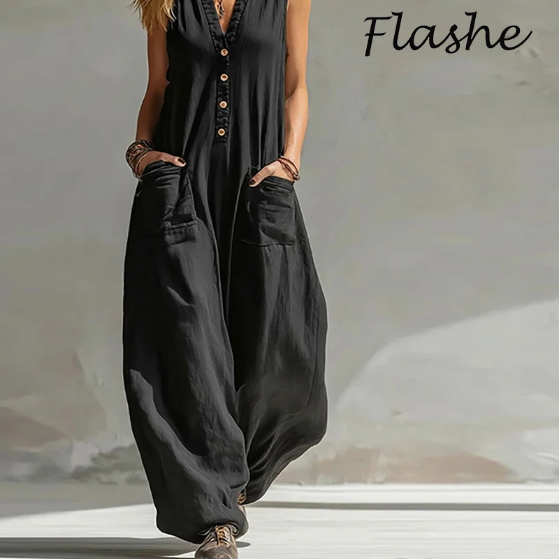 Nouvelle combinaison d'été sans manches en coton et lin pour femme, décontractée, col en V, pantalon ample à jambes larges, combinaison décontractée pour femme, idéale pour le quotidien