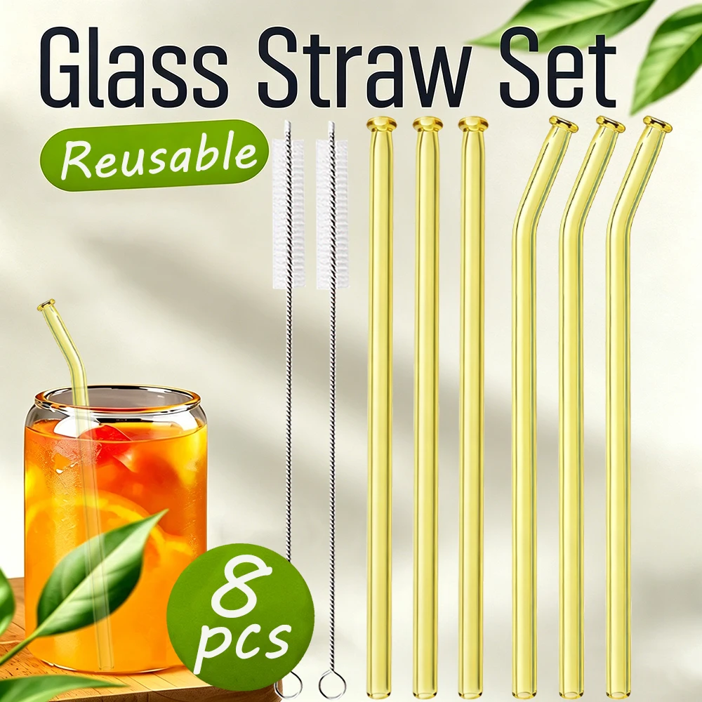 8 Stück wiederverwendbare Trinkhalme aus goldenem Glas, umweltfreundliche Trinkhalme aus Borosilikatglas, Glasrohr, Party-Bar-Trinkgeschirr Image