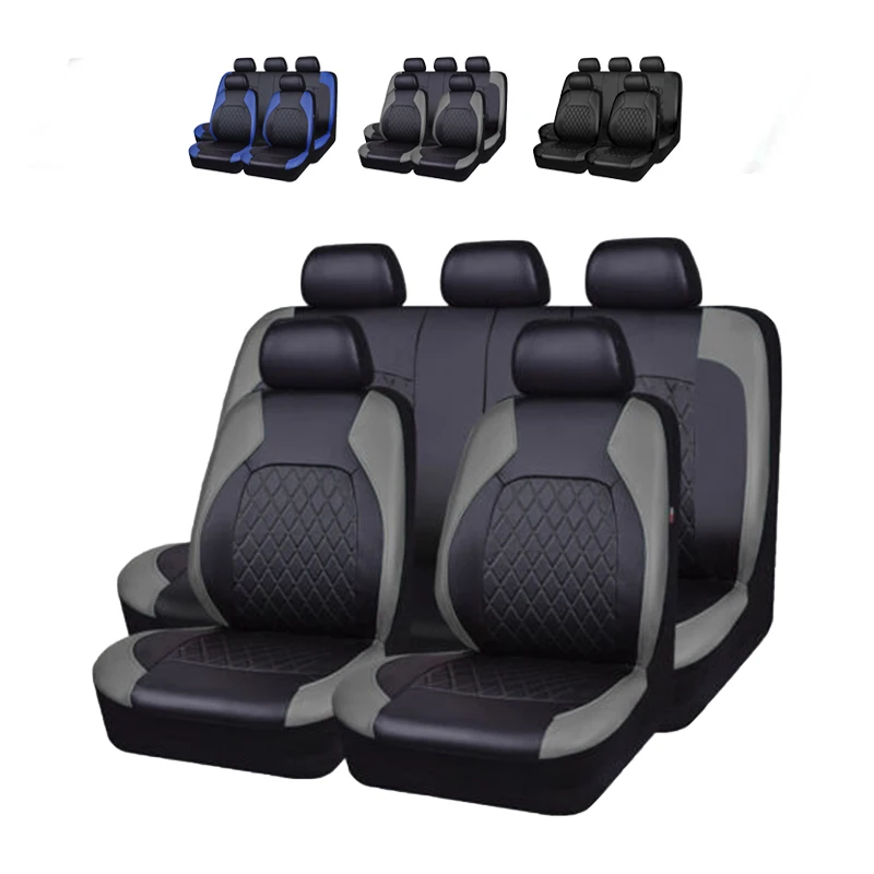 9-teiliges Autositzbezug-Set, wasserdicht, rutschfest, PU-Leder, Sitzschutzbezüge, Sicherheitsgurte, kompatibel mit universellen Autos Image