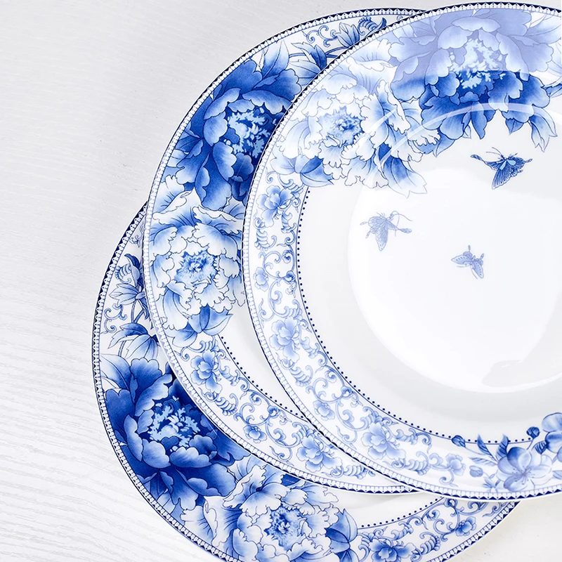 Jingdezhen-Blue and White Porcelain Tableware, Ceramic Dinner Plate, Rice Dishes, Bone China, Household, 6 