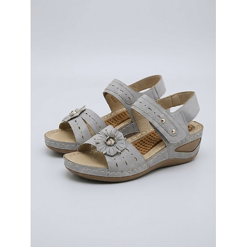 Graue Damen-Keilsandalen mit Blumenmuster und Massage-Fußbett – verstellbarer Klettverschluss, atmungsaktiv und leicht, ideal zum Spazierengehen, Reisen, für Freizeit und Alltag. Image