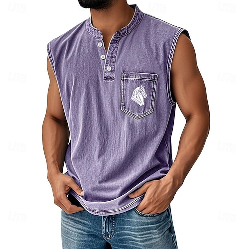 Herren Hemd aus 100 % Baumwolle in Säurewaschung Ärmelloses Shirt Ärmellos Henley Sommer Pferd Lässig Stückgefärbt Verblasst Vintage-Waschung Lässig Täglich Streetwear Schwarz Hellgrün Purpur Top Image