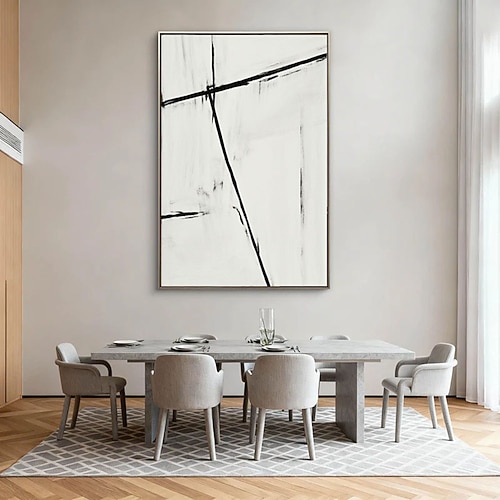 Weiße, strukturierte Wandkunst, abstrakte Malerei mit schwarzen Linien und Weiß, weiße, strukturierte Leinwandmalerei, Wabisbai-Wandkunst, minimalistische Malerei, Wanddekoration Image