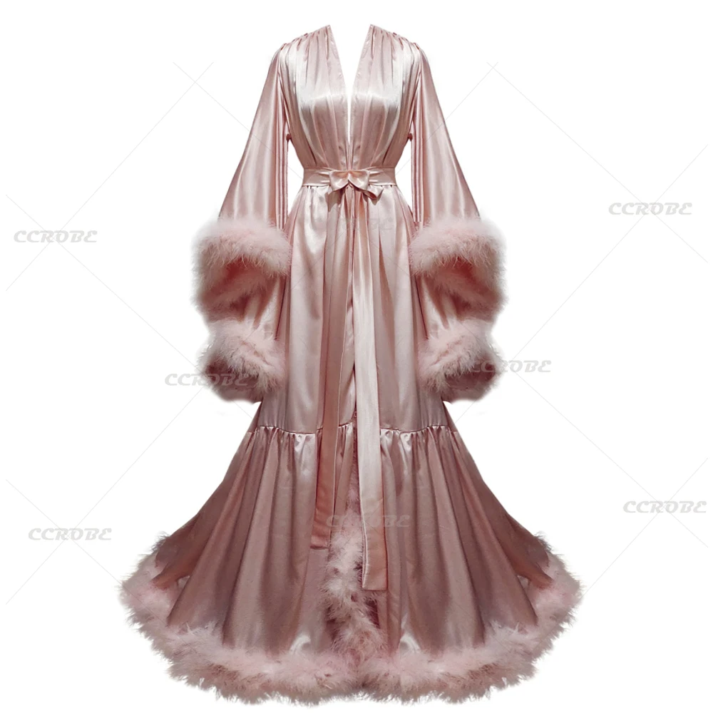 Bademantel für Damen, ausgestellte Ärmel, Feder-Brautmantel, Nachthemd, Seide, Illusion, langer Hochzeitsschal, Morgenmantel, Fotografie-Kleid Image