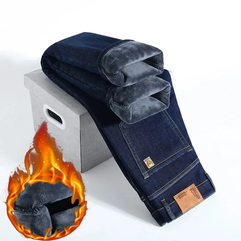 28-40 Große Größe Winter Männer Plüsch Dicke Fleece Hosen Lammwolle Thermo Jeans Casual Hosen Winddicht Warme Baumwolle Denim hosen