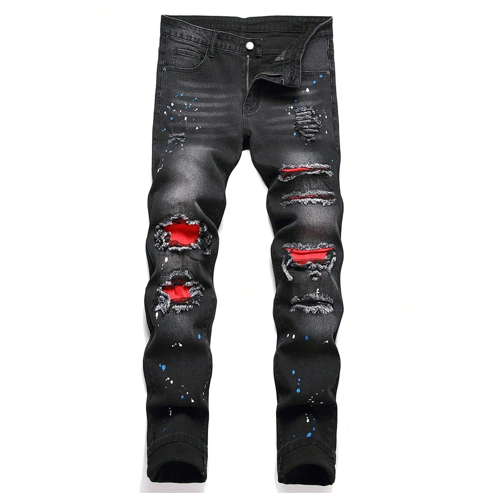 Herren Y2K Mode Zerrissene Patchwork-Jeans mit Löchern Gerade Schwarze Jeans Slim Fit Dehnbare Skinny Denim-Hose Lässige Hip-Hop Markenhose Image
