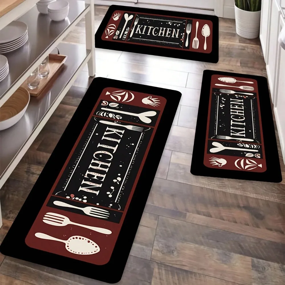 Küchenteppich, Matte, Teppich – Utensilien, Löffel und Gewürzdesign mit „BON APPETIT“, Zitat für Esszimmer, Heimdekoration, Bodenmatte Image