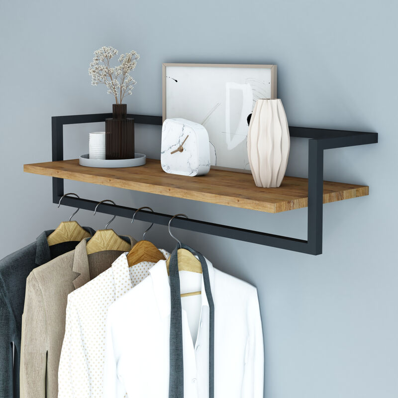 Barra Appendiabiti Da Muro Evje Con Piano Di Appoggio 80 X 30 X 20 Cm Effetto Legno / Nero [en.casa]